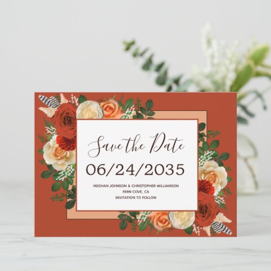 Boho Terracotta Rust Floral Pampas Grass Wedding Save The Date (Stehend Vorderseite)