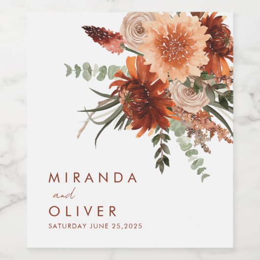 Boho Terracotta Rust Wasserfarbe Blumenzehen Weinetikett (Einzelnes Label)