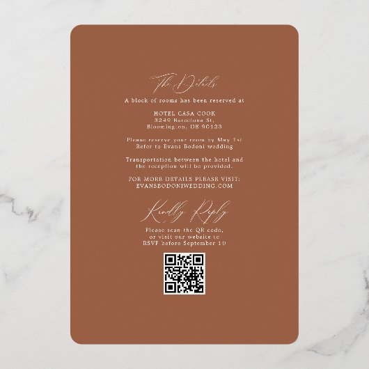 Boho Terracotta Rust Wedding Arch & UAWG QR Code Folieneinladung (Rückseite)