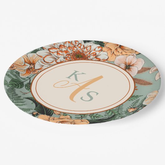 Boho Terracotta Sage Monogram Hochzeit im Herbst Pappteller (Schrägansicht)