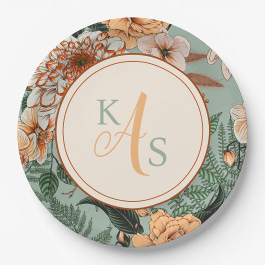 Boho Terracotta Sage Monogram Hochzeit im Herbst Pappteller (Vorderseite)
