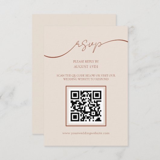 Boho Terracotta Script QR Code Wedding RSVP Card Begleitkarte (Vorne/Hinten)