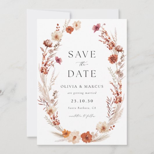 Boho Terracotta Taupe Wildblume Save The Date (Vorderseite)