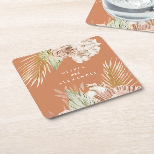 Boho Terracotta Tropical Floral und Palm Hochzeit Rechteckiger Pappuntersetzer (angewinkelt)