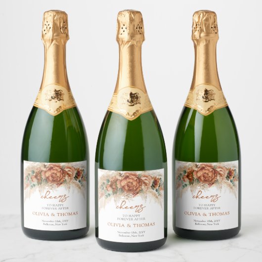 Boho Terracotta und bordeauxrote Blume Pampasgras Schaumweinetikett (Flaschen)