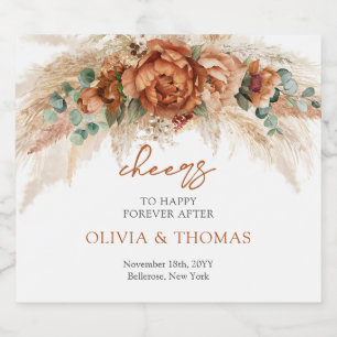 Boho Terracotta und bordeauxrote Blume Pampasgras Schaumweinetikett