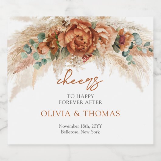 Boho Terracotta und bordeauxrote Blume Pampasgras Schaumweinetikett (Einzelnes Label)