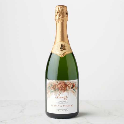 Boho Terracotta und bordeauxrote Blume Pampasgras Schaumweinetikett (Vorderseite)