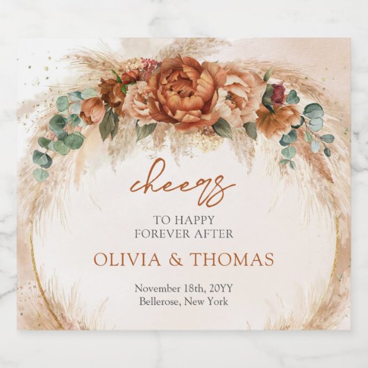 Boho Terracotta und bordeauxrote Blume Pampasgras Schaumweinetikett (Einzelnes Label)