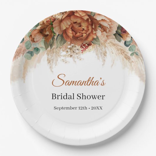 Boho terracotta und bordeauxrote Blumenpampas Pappteller (Vorderseite)