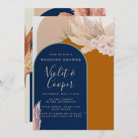 Boho Terracotta und Navy Arch Polterabend Einladung (Vorne/Hinten)