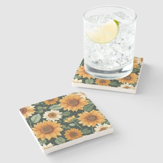 Boho Terracotta Vintag Sonnenblumenmuster Steinuntersetzer (Seitenansicht)