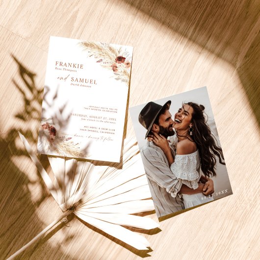 Boho Terracotta Wedding Invite, Foto Wedding Einladung