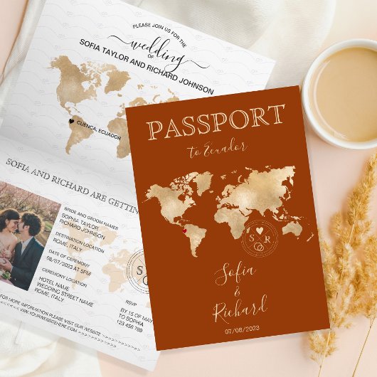 Boho Terracotta Wedding Passport Weltkarte Einladung