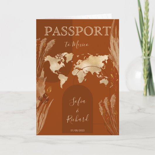 Boho Terracotta Wedding Passport Weltkarte Einladung (Vorderseite)