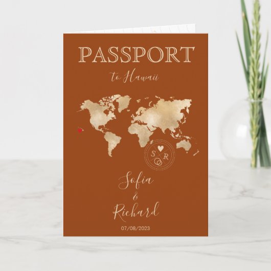 Boho Terracotta Wedding Passport Weltkarte Hawaii Einladung (Vorderseite)