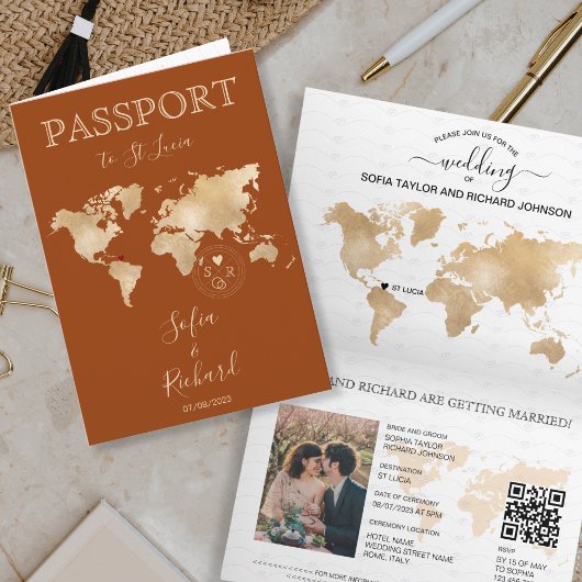 Boho Terracotta Wedding Passport Weltkarte QR Code Einladung