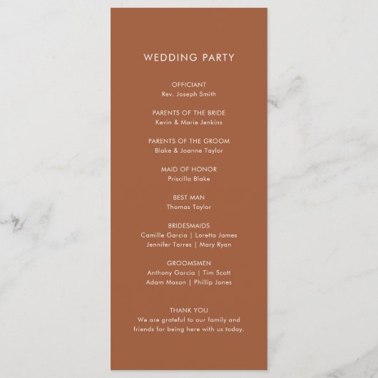 Boho Terracotta Wedding Program Programm (Rückseite)