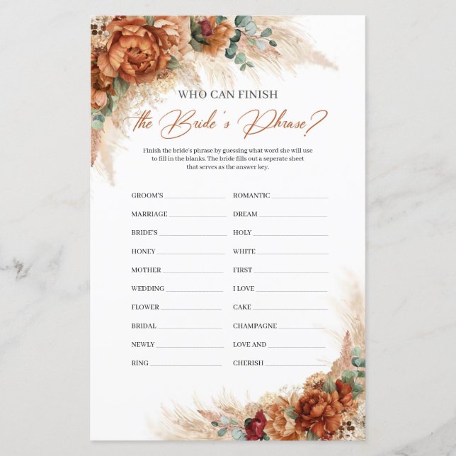 Boho Terracotta Wer kann die Bride's Phrase beende (Vorderseite)