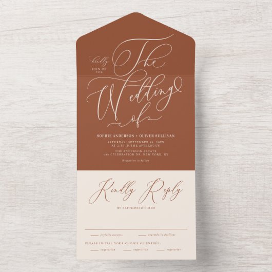 Boho Terracotta Whimsical Calligraphy Wedding All In One Einladung (Innen Boden)
