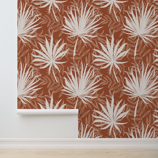 Boho Terracotta White Palm Leaf Druckmuster Tapete (Anwendung)