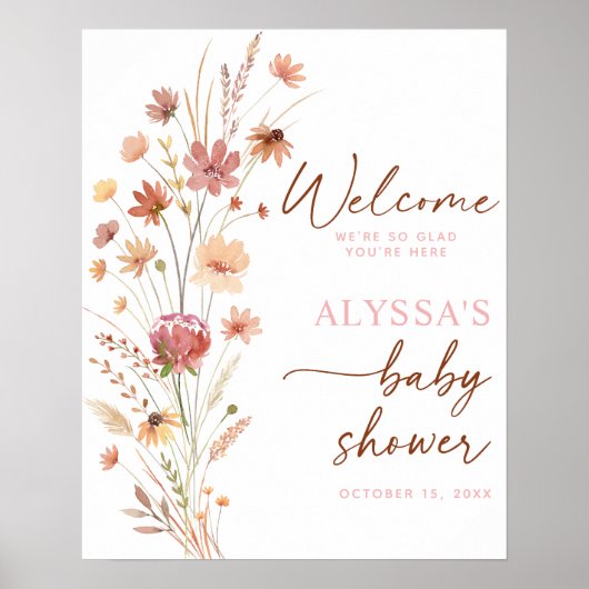Boho Terracotta Wildblume Baby Dusche Willkommen Poster (Vorne)