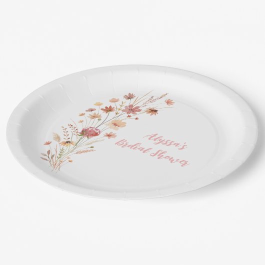 Boho Terracotta Wildblume Brautparty Pappteller (Schrägansicht)