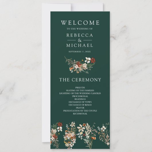Boho Terracotta Wildblume Emerald Wedding Program (Vorderseite)