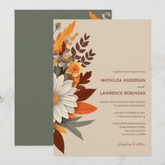 Boho Terracotta Wildblume Floral Hochzeit im Herbs Einladung (Vorne/Hinten)