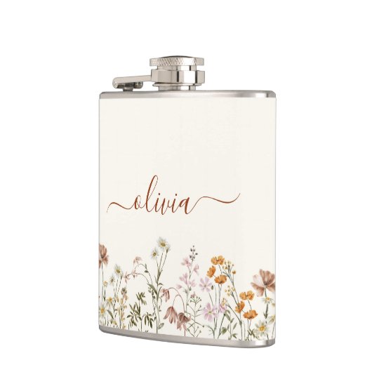 Boho Terracotta-Wildblume Monogram Name Flachmann (Links)