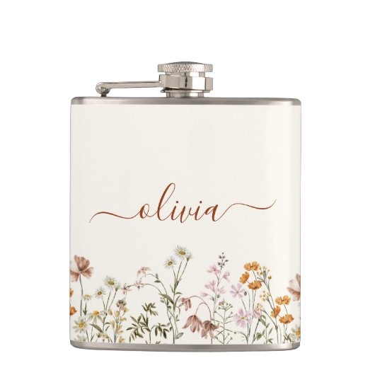 Boho Terracotta-Wildblume Monogram Name Flachmann (Vorderseite)