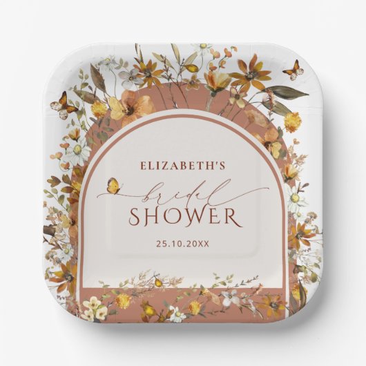 Boho Terracotta Wildblumen Arch Brautparty Pappteller (Vorderseite)