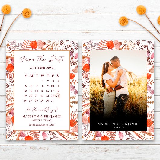 Boho Terracotta Wildblumen Foto Hochzeitskalender Save The Date