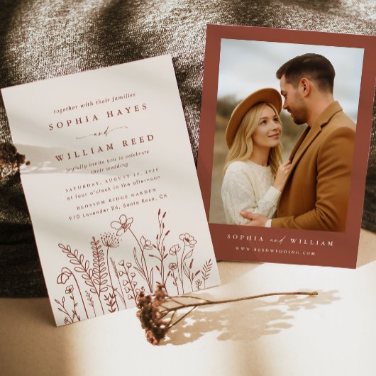 Boho Terracotta Wildflower Photo Wedding Einladung