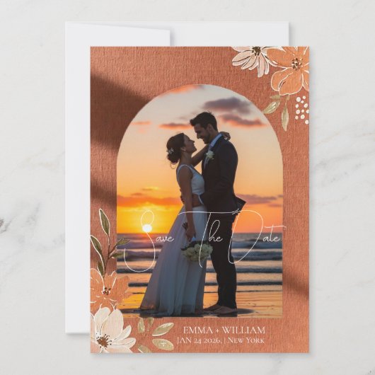 Boho Terrakotta Blumen- Bogen Foto Save The Date (Vorderseite)
