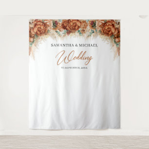 Boho-Terrakotta-Blumen-Kupfer-Pampasgras-Hochzeit Wandteppich