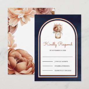 Boho-Terrakotta-Blumen-Mason-Glas Navy Blau Hochze RSVP Karte