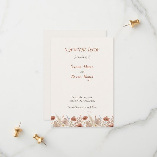 Boho Terrakotta Blumen & Pampasgras Save The Date (Vorderseite/Rückseite Beispiel)