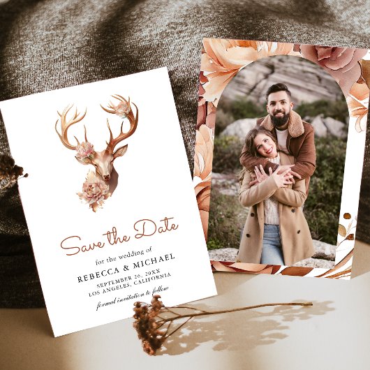 Boho-Terrakotta-Blumenhirsch-Foto-Hochzeit Save The Date
