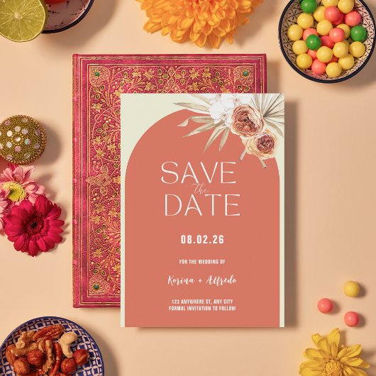 Boho-Terrakotta-Bogen-Blumen-Save-the-Date-Vorlage Save The Date