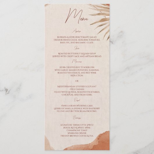 Boho-Terrakotta-Hochzeitsmenü Menükarte (Vorderseite)