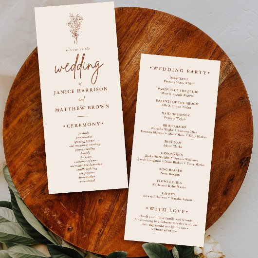 Boho Terrakotta-Orange Hochzeitsprogramm