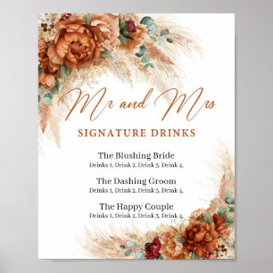 Boho Terrakotta Pampas Mr und Mrs Signatur-Drinks Poster
