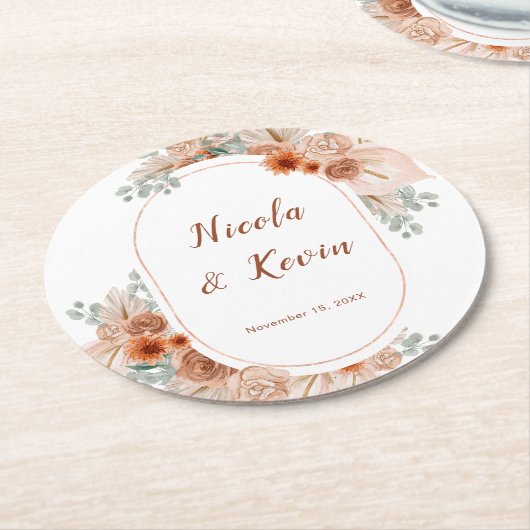 Boho-Terrakotta-Pampasgras-Hochzeit Runder Pappuntersetzer (Angewinkelt)