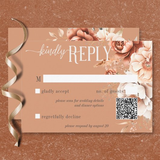 Boho Terrakotta Pfirsich & Creme Blumen QR Code RSVP Karte