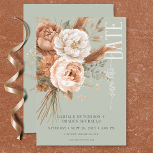 Boho Terrakotta Pfirsich- und Creme-Blumen-Hochzei Save The Date