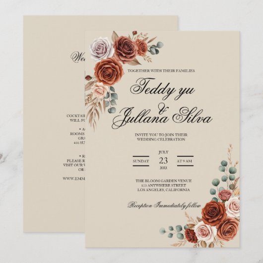 Boho Terrakotta QR-Code 2 in 1 Hochzeitseinladung Einladung (Vorne/Hinten)