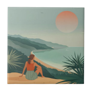 Boho Terrakotta-Sage Küstenbucht-Sonnenuntergangsl Fliese