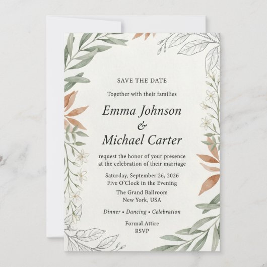 Boho-Terrakotta- und Salbeigrün-Botanical-Hochzeit Save The Date (Vorderseite)