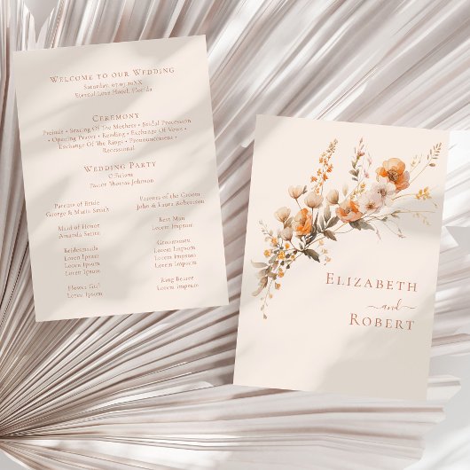 Boho Terrakotta Wildblumen Herbst-Hochzeitsprogram Programm